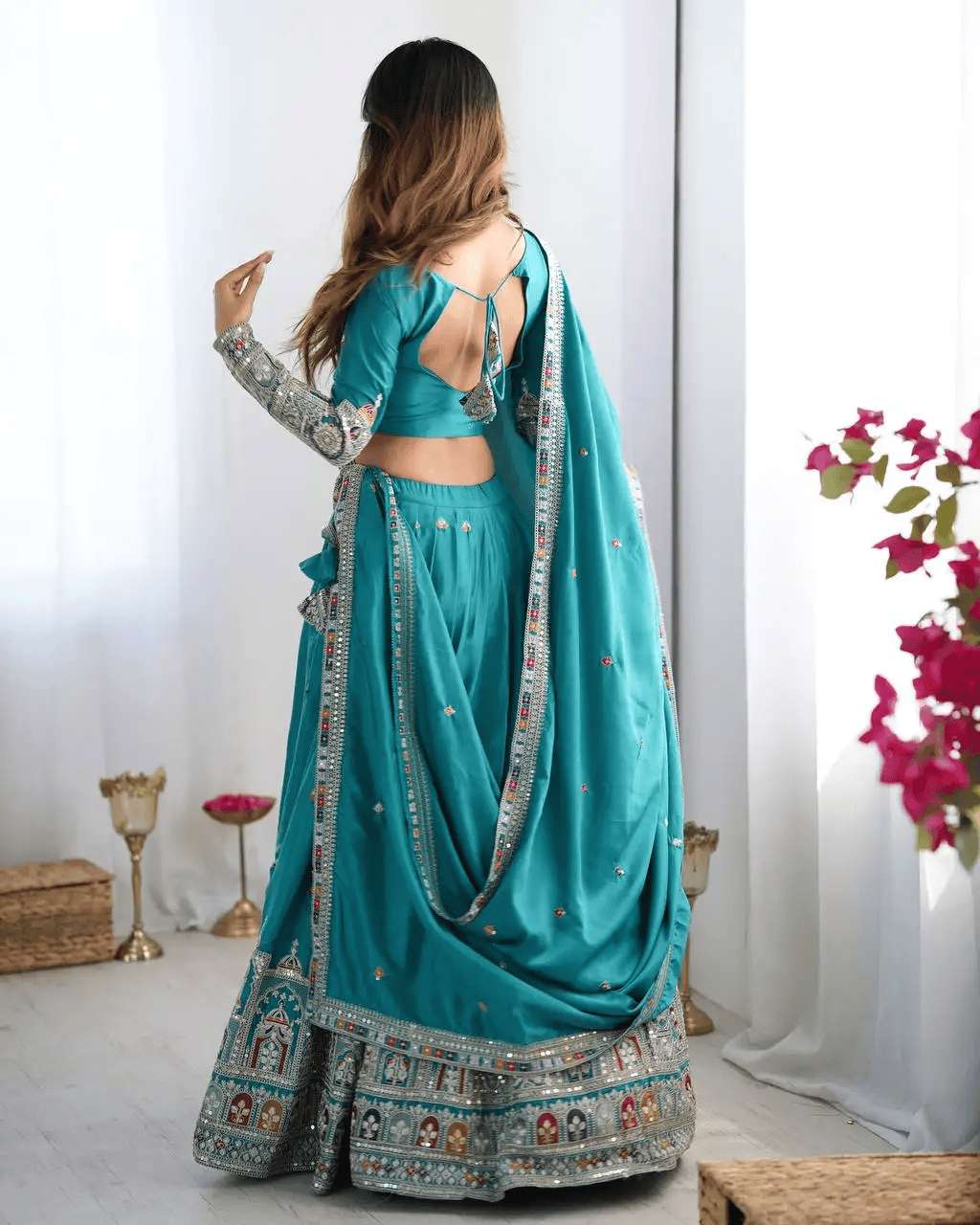 Women's Crepe Silk Sequence Embroidery and Zari Work Rajsthani Lehenga Choli with Dupatta - Image 8