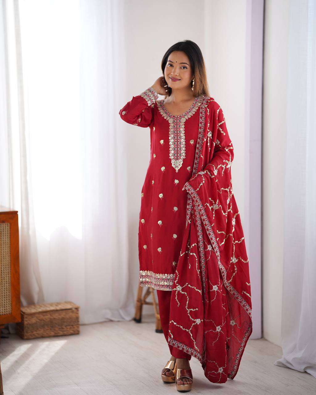 Women's Chinon Silk Embroidered Straight Kurti with Pant And Dupatta Set - Image 9