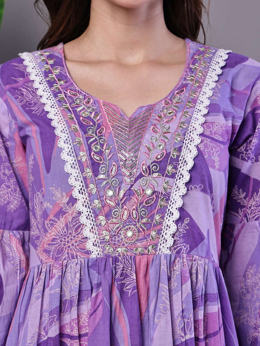 Wome's Purple Floral Cotton A-Line Dress with Lace Detailing Midi Dresses - Image 5