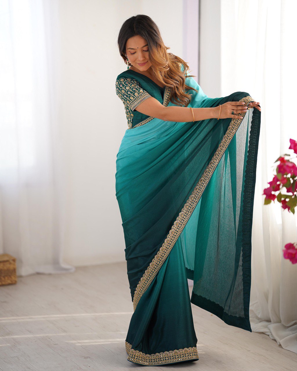 Women's Elegant Ombre Green Georgette Saree with Intricate Golden Zari & Stone Embellishments – Complete with Heavily Worked Blouse for Festive & Wedding Wear - Image 13